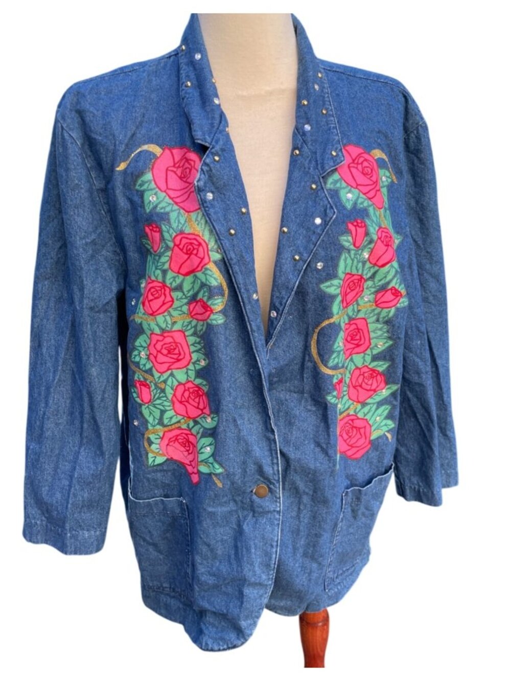 Denim Jacket With Rose Print & Studded Details Womens Size XL Vintage